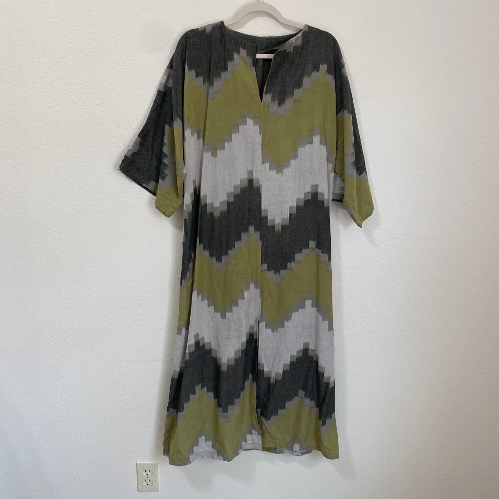 Handmade Chevron Kaftan Dress Green Gray Boho Lagenlook Maxi One Size - Picture 1 of 5